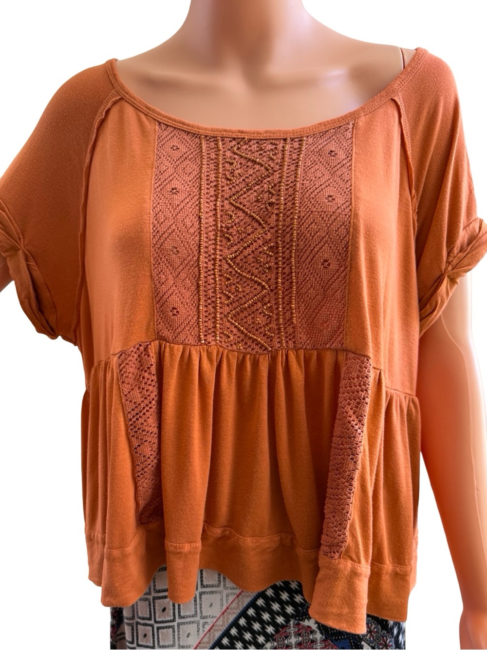 Free People Rust Embroidered Crochet Peplum Tunic